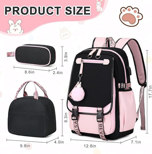 Bevalsa School Backpack for Girls, Backpack with Lunch Box & Pen Case, Bookbag for Girls Kids Elementary Middle High School Student 21L Children Schoolbag