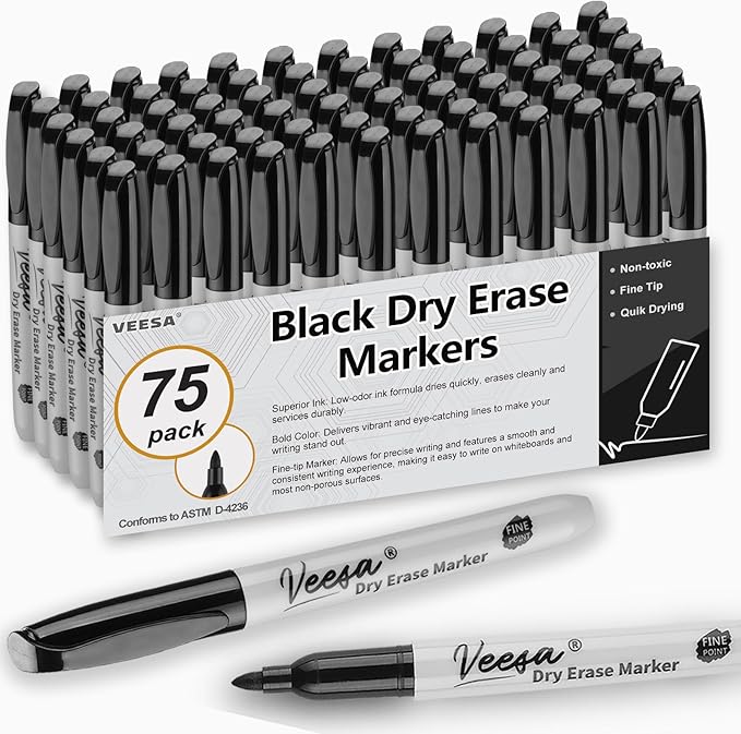 VEESA Dry Erase Markers Black, Fine Tip, 75 Count Low-Odor Whiteboard Marker Pens, Back to School Supplies, Office Series