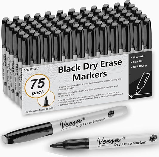 VEESA Dry Erase Markers Black, Fine Tip, 75 Count Low-Odor Whiteboard Marker Pens, Back to School Supplies, Office Series