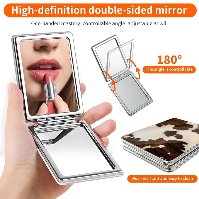 Compact Pocket Mirror, Cute Travel Mini Mirror with Magnification, Foldable Double-Sided Portable Cosmetic Mirror for Men, Women Cowhide Brown Skin