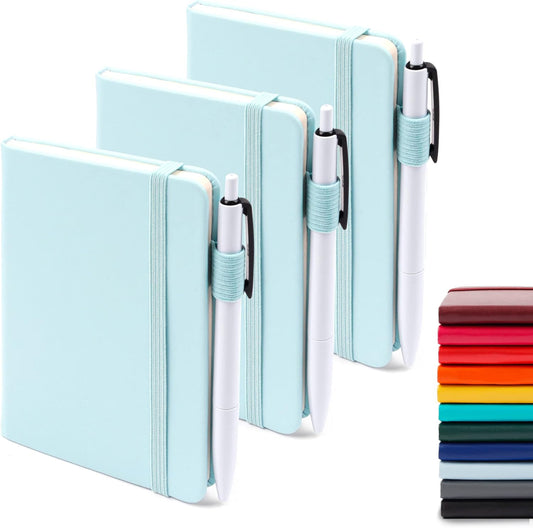 feela 3 Pack Pocket Small Notebook Journals, Mini Cute Memo Notepad Hardcover College Ruled Lined Journals with Pen Holder for Women Girls Office School, with 3 Black Pens, 3.5”x 5.5”, A6, Sky Blue