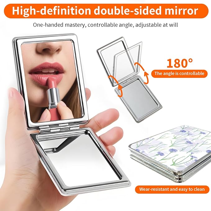 Compact Pocket Mirror, Cute Travel Mini Mirror with Magnification, Foldable Double-Sided Portable Cosmetic Mirror for Men, Women Spring Flowers