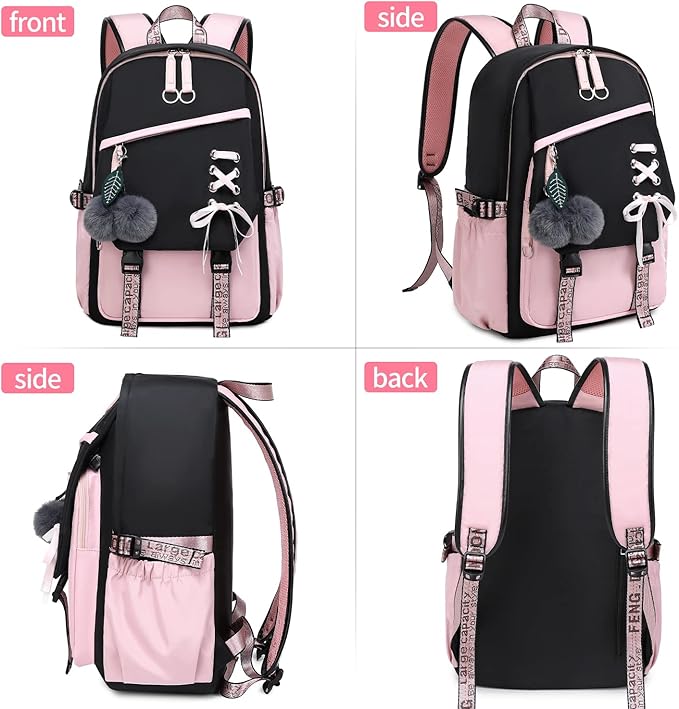 Teenage Girls Bookbag School Backpack Children Casual Daypack Schoolbag for Teens Black Pink