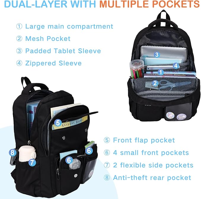 VASCHY Backpack for Girls, Cute School Bag Bookbag for Elementary Middle Schooler Teen Girls/Kids Travel with Clear Pin Pouch Black