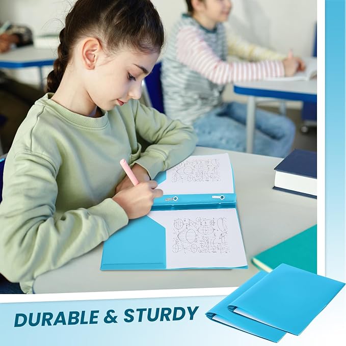 Lincia 100 Pcs Plastic Folders with Pockets and Prong Folders with Prongs Plastic Folders with 2 Pockets Pocket Folders for Office, School for Students, Teachers, Office Workers (Light Blue)