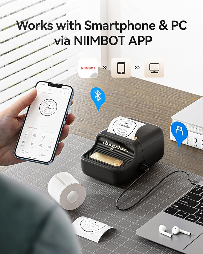 NIIMBOT B21 Label Maker, 2 Inch Portable Thermal Label Printer, Label Maker Machine with Tape, Compatible with Android, iOS & PC,Labeling for Home Storage Office and Small Business,Black