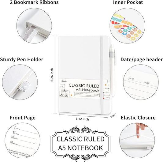 feela College Ruled Notebooks, 24 Pack Business Notebook Hardcover Lined Writing Journal with Pen Holder for Men Women Note Taking, with 24 Black Pens, 120 GSM, 5.1”x8.3”, A5, White