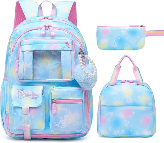 Sweet Girls Backpack - Stylish Splash-resistant School Bag with Multiple Pockets & Trendy Laptop Compartment（17inch Set Blue）