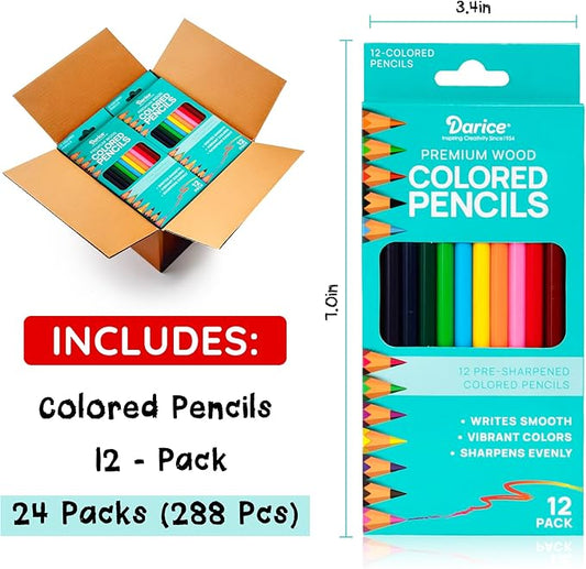 Darice Colored Pencils Bulk, 24 Packs (288 Count) 12 Colors, Pre-Sharpened Kid Coloring Book Pencils Set, Arts & Crafts Back to School Supplies for Kids