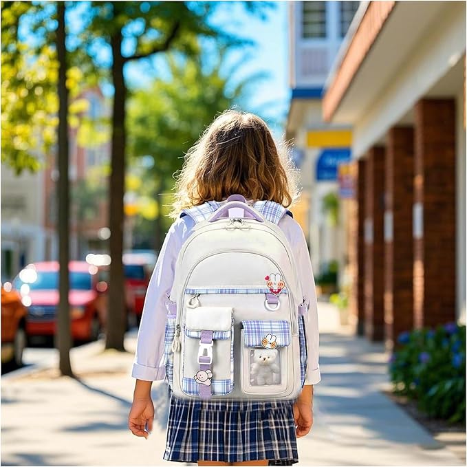 Girls Backpack，Cute School Backpack for Girls Kids Teens，Kawaii Bookbag for Primary Elementary，White