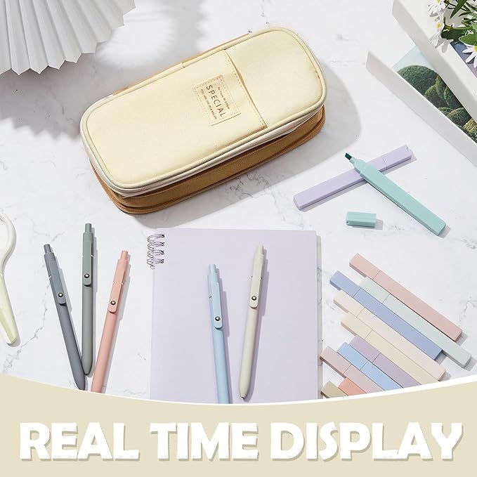 Henoyso 18 Set Aesthetic Bible Study Supplies Include Big Capacity Pen Bag with Zipper 12 Pcs Chisel Tip Bible Highlighters 5 Pcs Quick Dry Retractable Black Ink Pens for Office(Light Khaki)