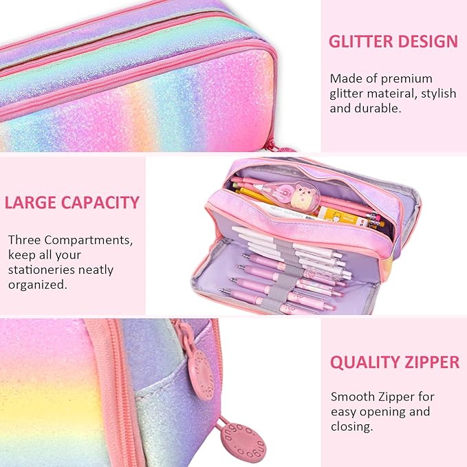 Large Pencil Case for Girls, Big Capacity Pencil Pouch for Kids Rainbow Pencil Case Organizer Cute Pencil Box Pen Bag for Student Office Back to School Supplies