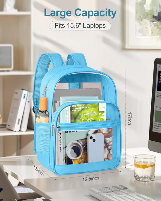 Clear Backpack, Heavy Duty Transparent Bookbag for School, Fabric & PVC Transparent Backpack with Reinforced Strap for Women Men, Capacity Clear Bag for College, Sky Blue