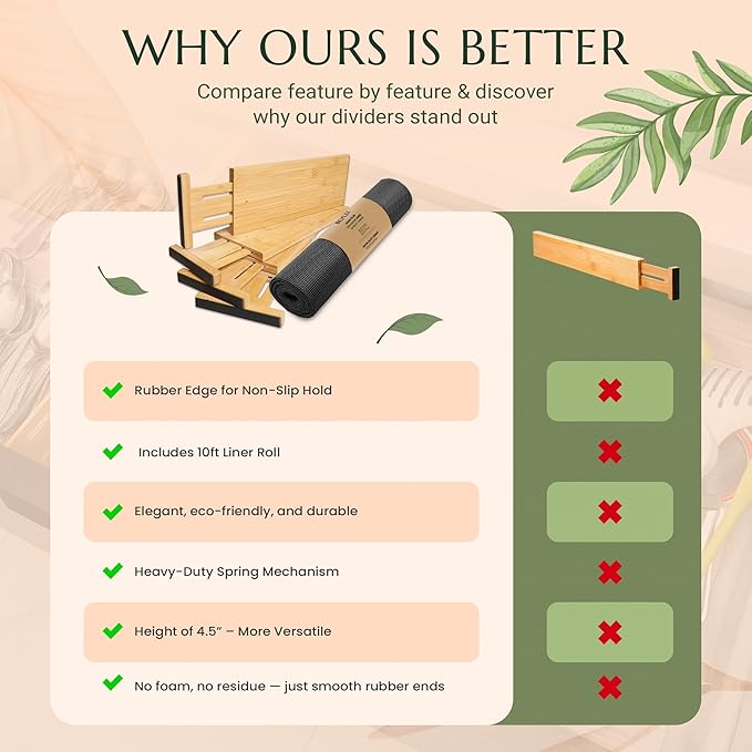 Adjustable Bamboo Drawer Dividers 6 Pack, Expandable Drawer Organizer for Kitchen, Bedroom, Bathroom, Dresser and Office, Each Divider Expands from 12" to 17.5" with – Free Mat Included in Package.