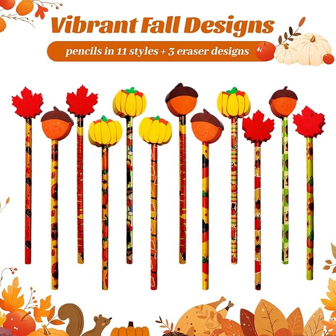 Fall Pencils Thanksgiving Pencil Halloween Pencils with Giant Maple Leaves Pumpkins Scarecrow Eraser Fall Stationery Pencil for Thanksgiving Party Favor(36)
