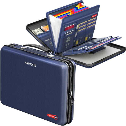 Fireproof File Organizer, Expanding File Folder with 13 Pockets, Portable Fireproof Document Box Hard-Shell Document Organizer Storage for Documents Laptop Passports Cards Blue