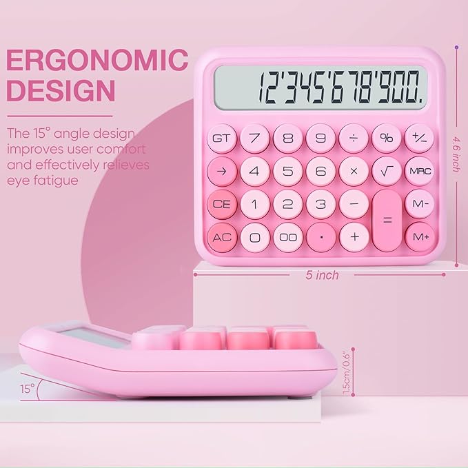 Mechanical Switch 12-Digit Pink Calculator - Large LCD Display, Big Buttons, Desktop, Cute, For Everyday Use