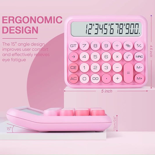 Mechanical Switch 12-Digit Pink Calculator - Large LCD Display, Big Buttons, Desktop, Cute, For Everyday Use