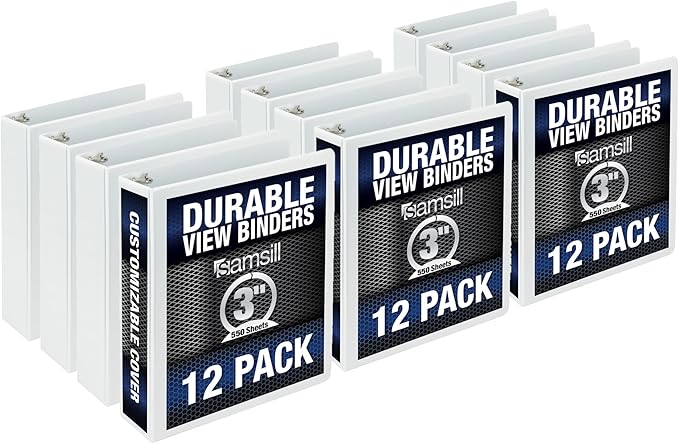 Samsill Durable 3 Inch Binder, Made in The USA, Round Ring Customizable Clear View Binder, Black, 12 Pack