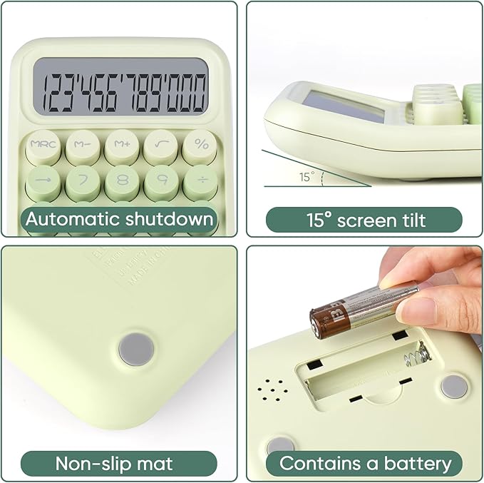 Mechanical Pushbutton Calculator,12 Digit Large LCD Display,Big Buttons Easy to Press,Colorful Candy Calculator,Automatic Sleep,with Battery.for Office,School, Home. (Green)