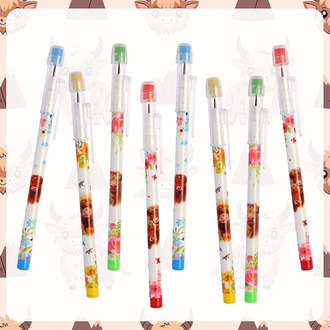 Kolewo4ever 48pcs HB Highland Cow Pencils Kawaii Cute Multipoint Pencil Push Translucent Non Sharpening Stackable Pencils Pop Up Plastic Pencil for Classroom Rewards Carnival Prizes