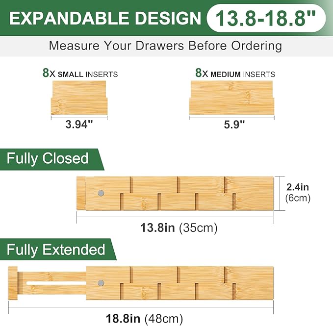 Kitchen Drawer Dividers - Adjustable Drawer Organizer for Clothes, Kitchen, Closet & Office - 8 Pack with Inserts, 13.8-18.8 Inches, Non-Slip Silicone Ends
