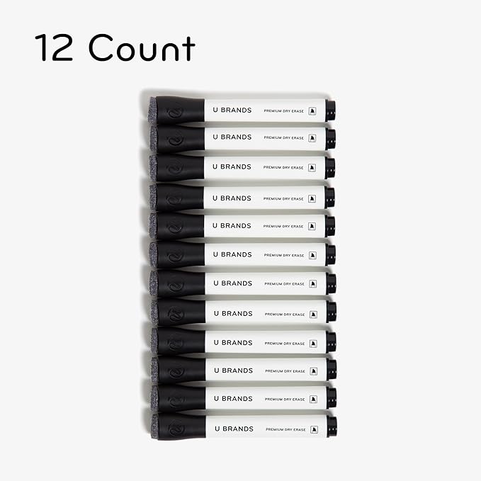 U Brands Fine Tip Dry Erase Markers with Eraser, Whiteboard Markers with Chisel tip, Low Odor, Black, Set of 12