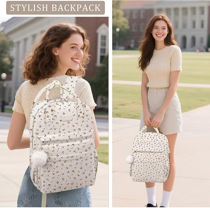 School Backpack for Girls Laptop Bookbag: Casual Corduroy Women Backpacks with USB Charging Port TSA Friendly Travel Back Pack with Anti-Theft Pockets Cute College Daypack for Teen Students Flowers