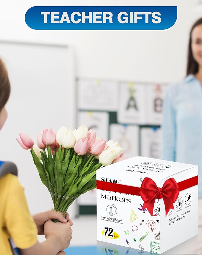 SFAIH Dry Erase Markers Chisel Tip with Magnetic Whiteboard Eraser, 72 Bulk Pack Black White Board Markers for Teachers & Students, Versatile Lines, 1s Quickly Dry, Perfect for Classroom and Office