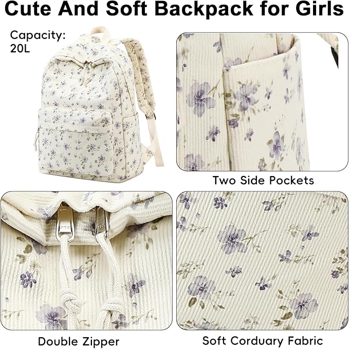 School Backpack for Teens Large Corduroy Bookbag Lightweight 15.6 inch Laptop Bag for Girls Women Casual High School College