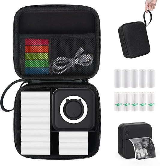 Black Mini Pocket Printer with Black Case, Mini Thermal Printer with 10 Rolls Thermal Paper, Mini Portable Photo Printers for Travelling, Journal, Memo, Photo, Study Notes, Shopping Lists