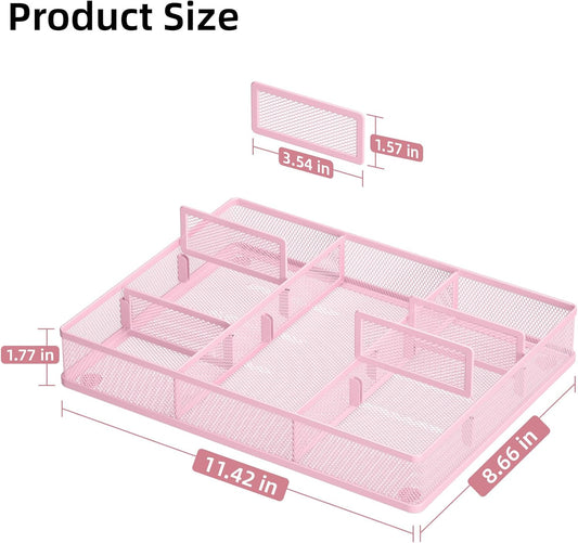 Marbrasse Pink Desk Drawer Organizer, Metal Mesh Drawer Organizer Tray with 5 Adjustable Compartments,Desk Organizers and Accessories for Home,Office,Kitchen,Makeup,Vanity (Pink)
