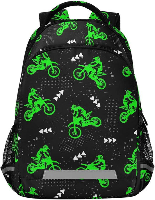 Green Motocross Backpack for Girls Kids Boys School Bookbags, Student Laptop Backpack Carrying Bag Casual Lightweight Travel Sports Day Packs