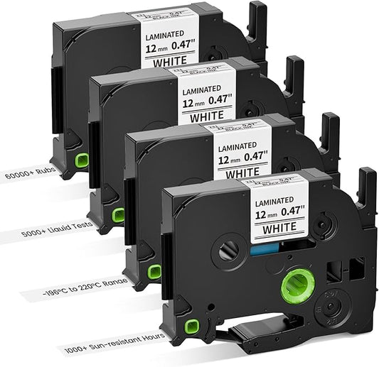 Wonfoucs Replace for TZe Tape 12mm 0.47 Laminated White P Touch Label Tape 12mm 1/2 TZe231 TZe-231 Black Ink on White Compatible with Brother Label Maker PT-D210 PT-H110 PT-D220 PT-D400,4 Pack