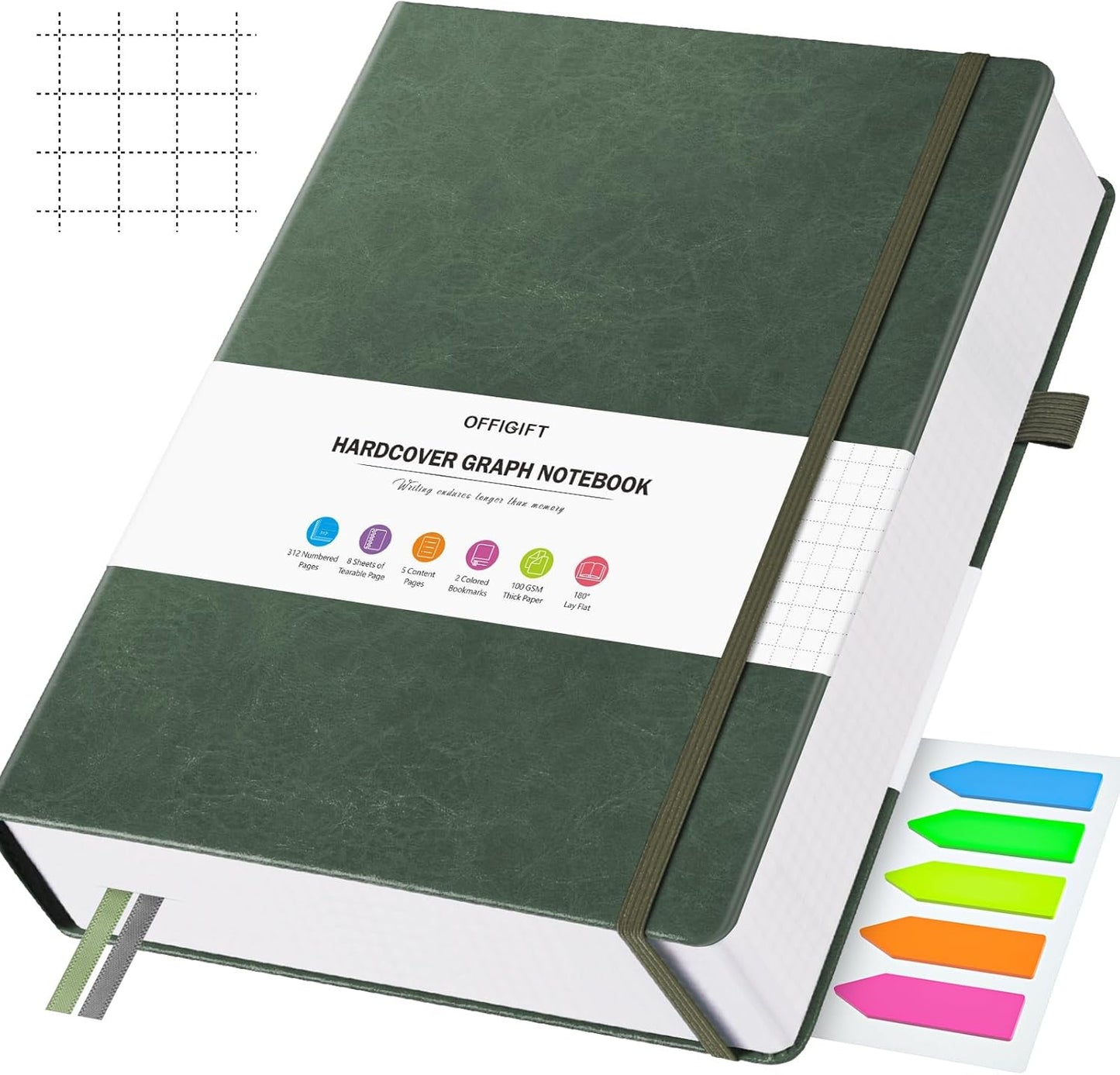 Graph Paper Notebook, 312 Numbered Pages Large A4 Hardcover Leather Journal, 100gsm No Bleed Grid Paper Notebook with Index Pages, Squared Grid Notebook for Graphing Notes Math, 8.5'' × 11'', Green