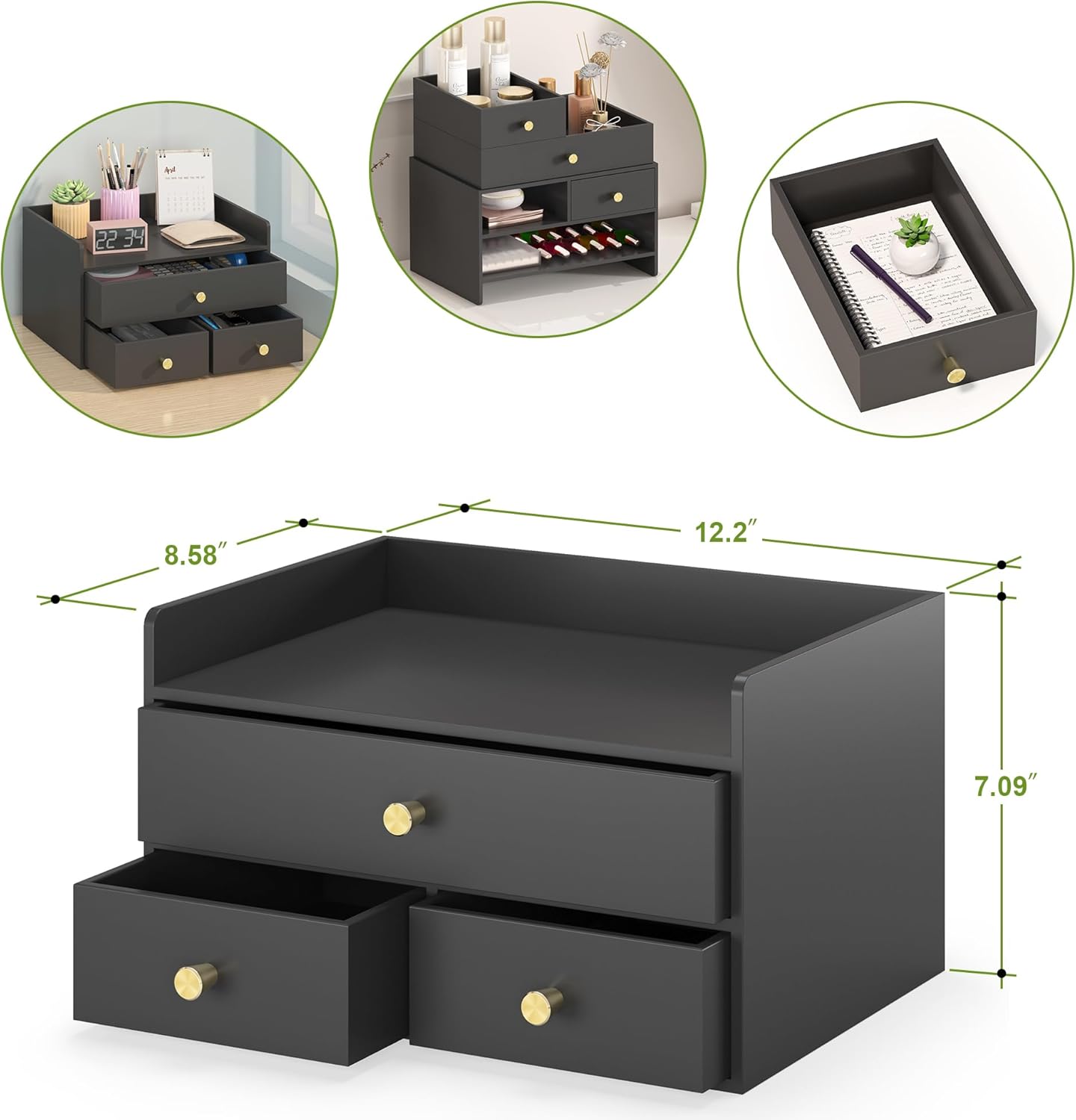 Bamboo Desk Organizer - Stackable, No Assembly Required, Ideal for Office/Home Use - Perfect for Toiletries, Stationery, Accessories. (Black, Fence three Desk Organizer)