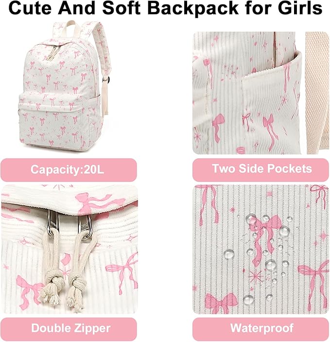 School Backpack for Teens Large Corduroy Bookbag Lightweight 15.6 inch Laptop Bag for Girls Women Casual High School College