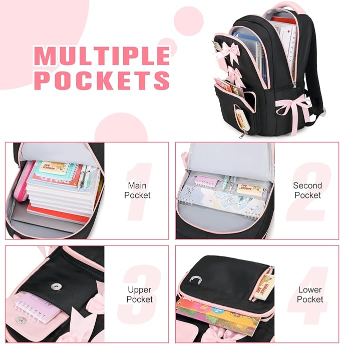 Bevalsa Backpack for Gilrs, Cute School Bags for Kids with Lunch Bag & Pen Case, Bow Bookbag for Girls Children Teens for Elementary Middle High School Student, Back To School Gift (Black Pink)