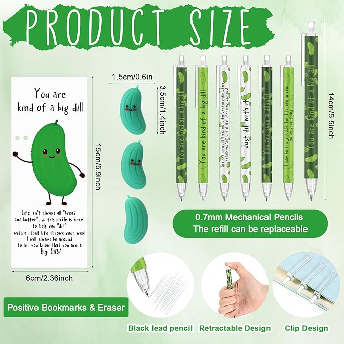 30 Sets Inspirational Pickle Gifts Bulk 6 Styles 0.7 mm Motivational Mechanical Pencils with Erasers Positive Cards Back to School Gifts for Student Teacher Coworker Office Supplies