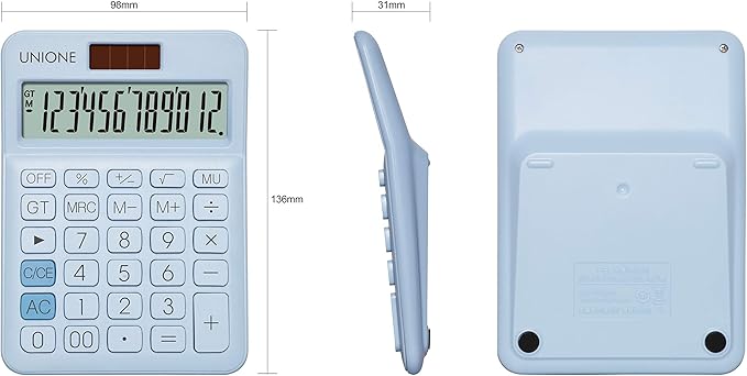 UNIONE Calculator with a Bright LCD, Dual Power Handheld Desktop. Color. Business, Office, High School… (Blue)
