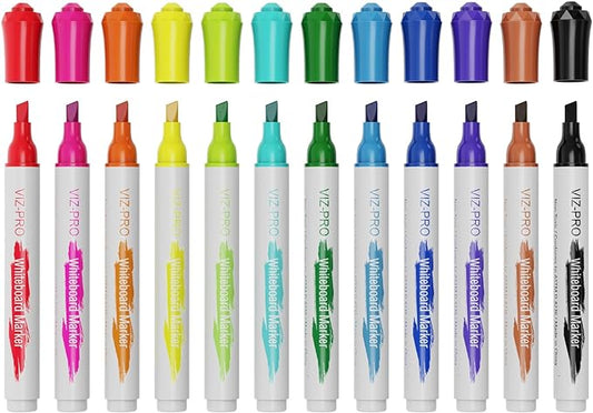 VIZ-PRO Dry Erase Markers, Chisel Tip, Assorted Colors, 12-Count Low-Odor Whiteboard Pens