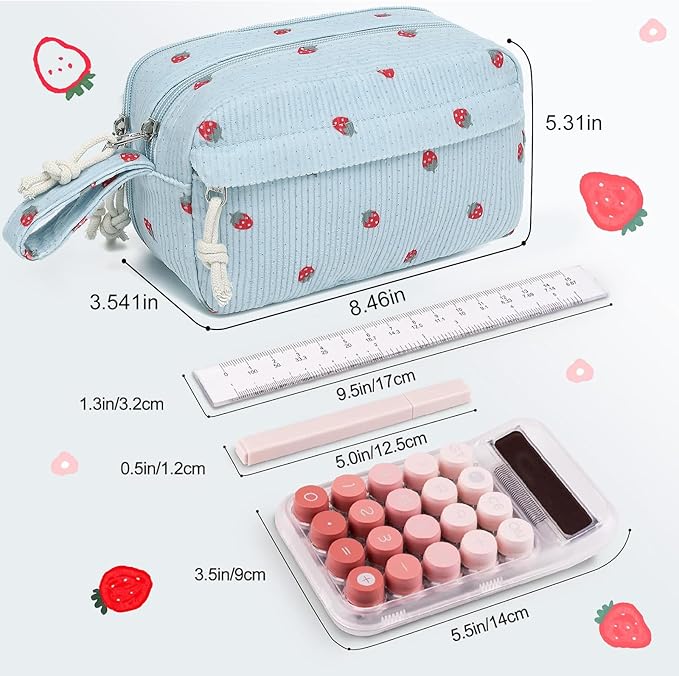 Bluboon Big Capacity Pencil Case Pencil Pouch Pen Case School Supplies Cute Pencil Box Pencil Bag for Teen Girls Boys Women Man (Strawberry Blue)
