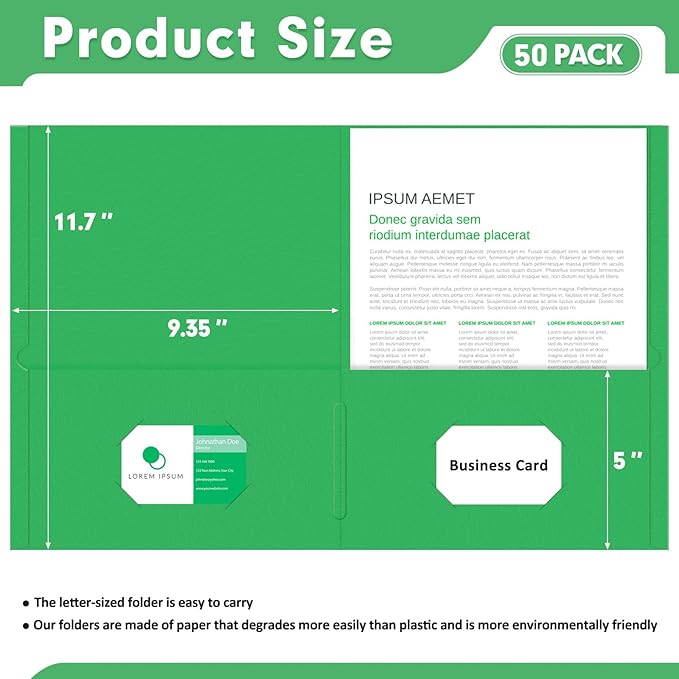 Two Pocket Folders, PANDRI 50 Pack 2 Pocket Folders, Letter Size Paper File Folder for School Office Home Business, Green