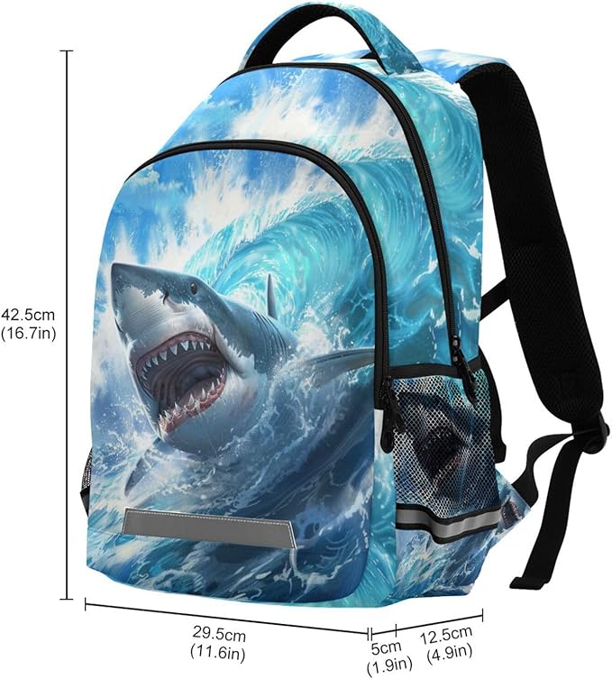 Shark Blue Ocean Wave Backpack for Boys Girls Elementary School Bag Kids Bookbag Travel Rucksack