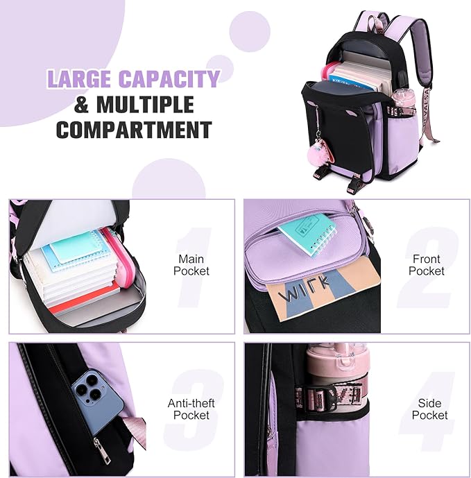 Bevalsa Backpack with Lunch Bag Bookbag Set for Girls Kids Middle High School College Student 21L Casual Daypack Children Schoolbag Bookbag with USB Charging Port (Purple)