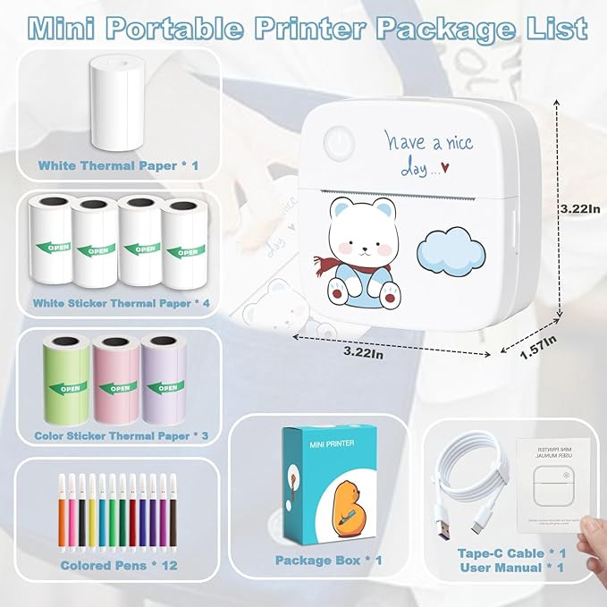 Mini Sticker Printer, Portable Thermal Inkless Sticker Maker with 8 Rolls Coloed Paper & 12 Pens, Wireless Thermarote Printers for Travel, Photos,Study Notes, Scrapbook, Journal, Memo (Blue)