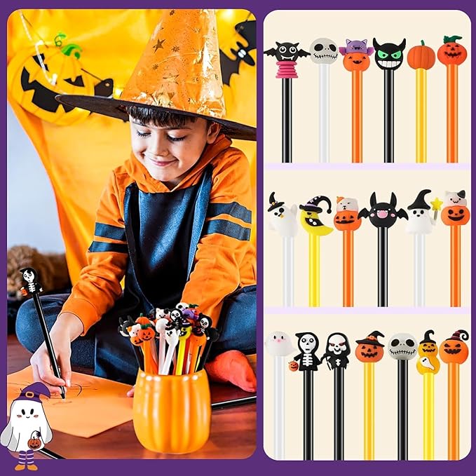 SANNIX 50 Pieces Halloween Pens, Fun Cartoon Gel Ink RollerBall Pens for Kids Gift School Class Birthday Party Supplies Halloween Party Favors Pumpkin Ghost Skull Bat (19 Style)