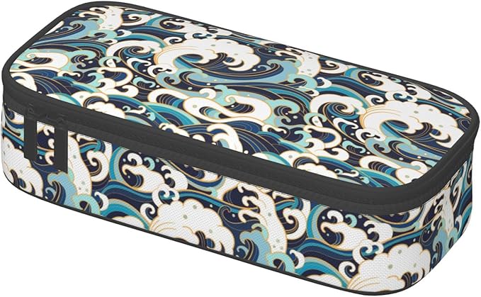 Japanese Ocean Waves Large Pencil Case With Zipper Compartments Stationery Pencil Bag For Kids Teens Students School Supplies