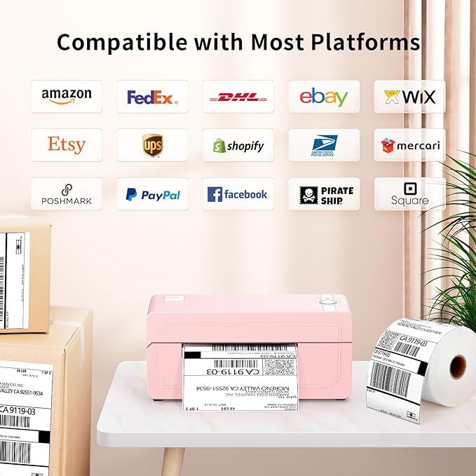 JADENS Bluetooth Thermal Label Printer 4x6, Pink Wireless Shipping Label Printer for Small Business & Packages, Compatible with iOS, Android, Mac, Windows, Amazon, Etsy, Ebay, Shopify
