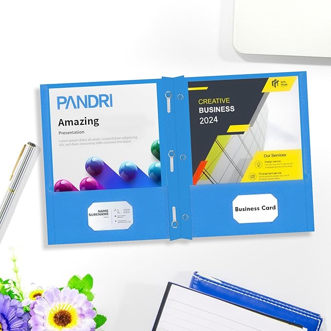 PANDRI Two Pocket Folders, 30 Pack with Prongs, Letter Size, Lightblue